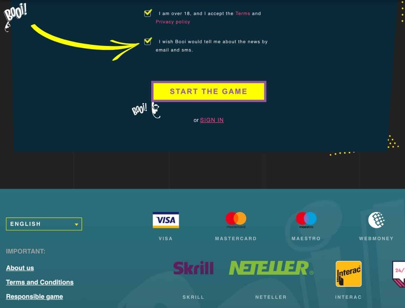 terms and privacy policy at Booi Casino India
